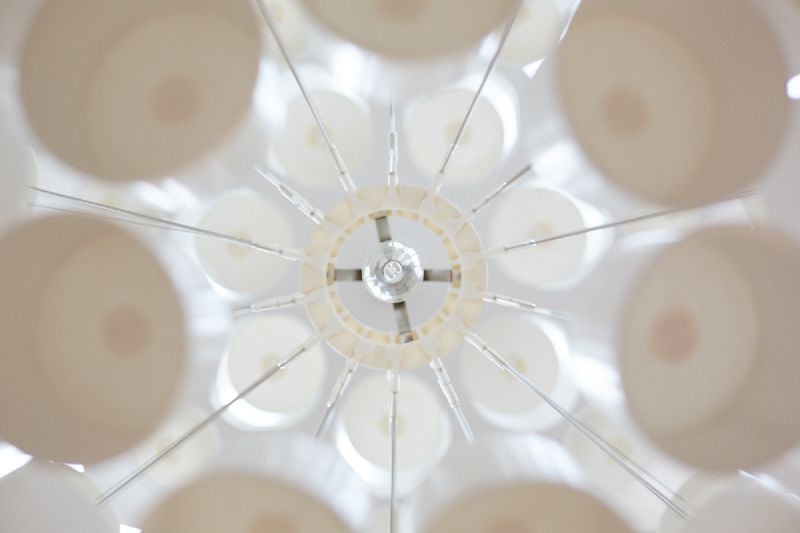 A customised ceiling lamp based on an IKEA Maskros light to which we have added cardboard bowls